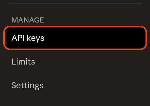 Claude Console sidebar showing API keys option under MANAGE section